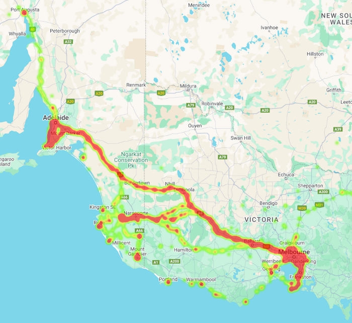 Location history heatmap example of south east Australia
