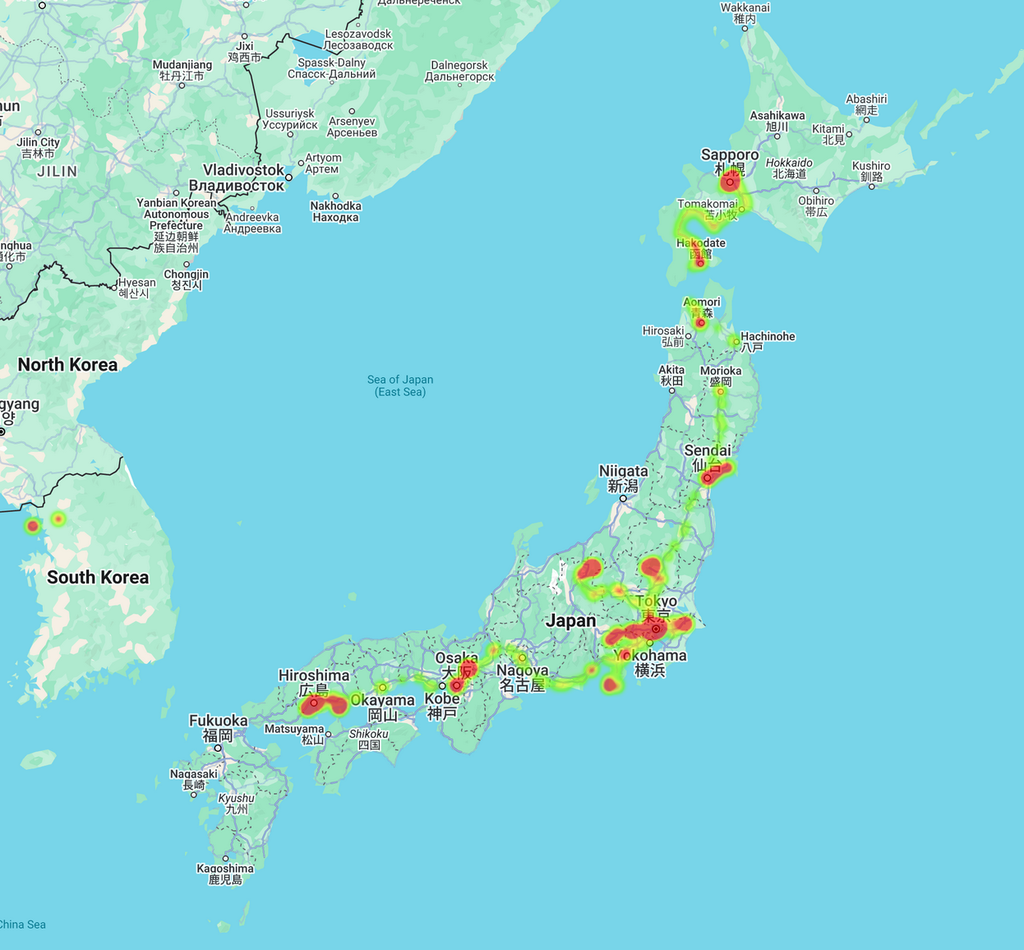 Location history heatmap example of Japan