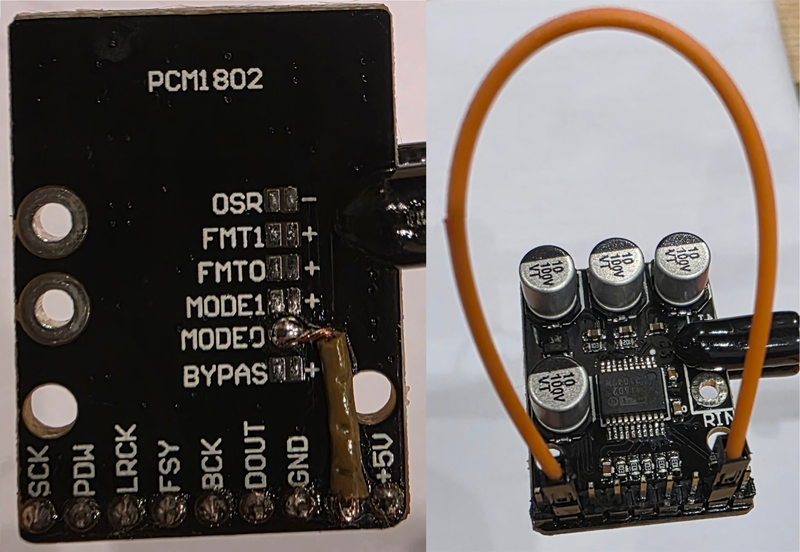 The PCM1802 board with bodge wire.
