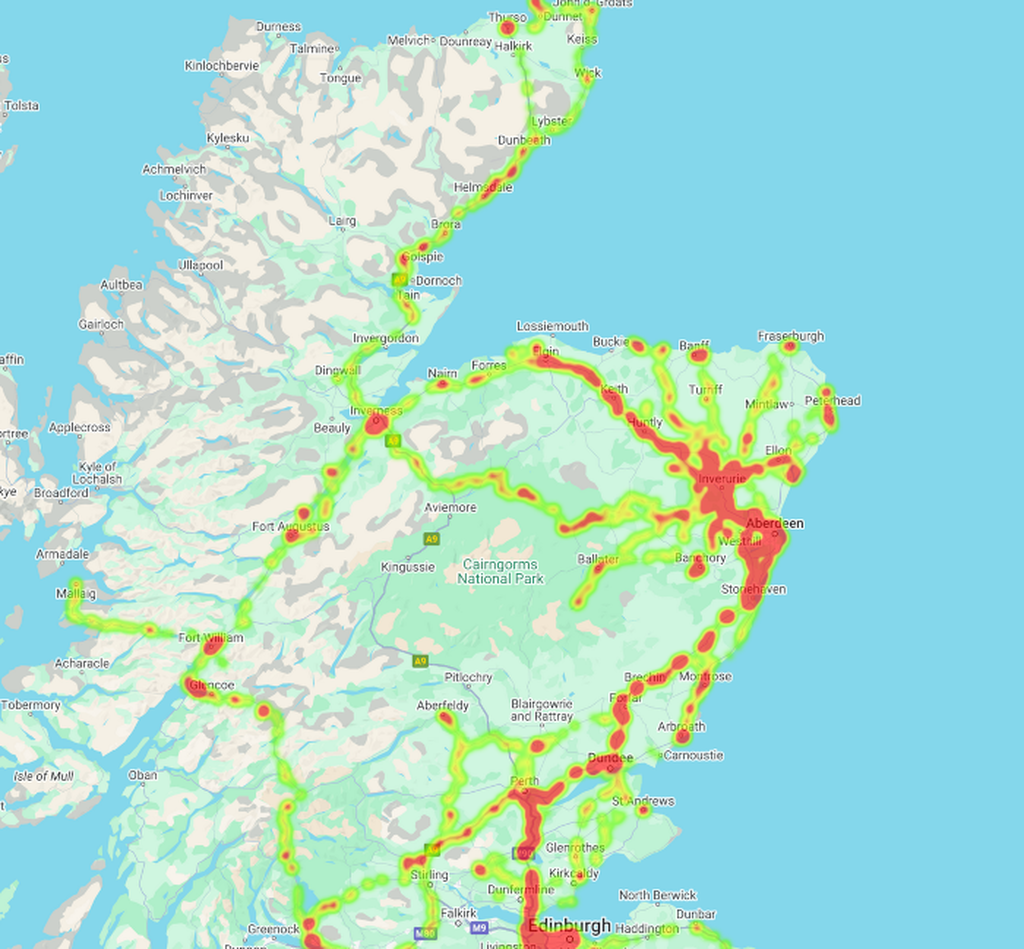 Location history heatmap example of Scotland